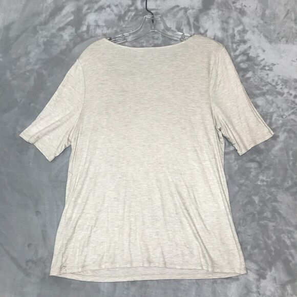 Chicos Top Womens Large Heathered Oatmeal Modal Asymmetric Collar Short Sleeve - Picture 2 of 8
